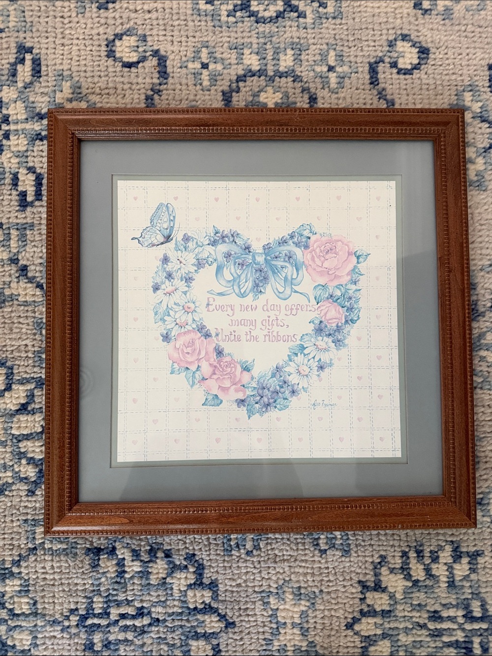 Cottage Core Floral Heart Framed Wall Art - Pink & Blue